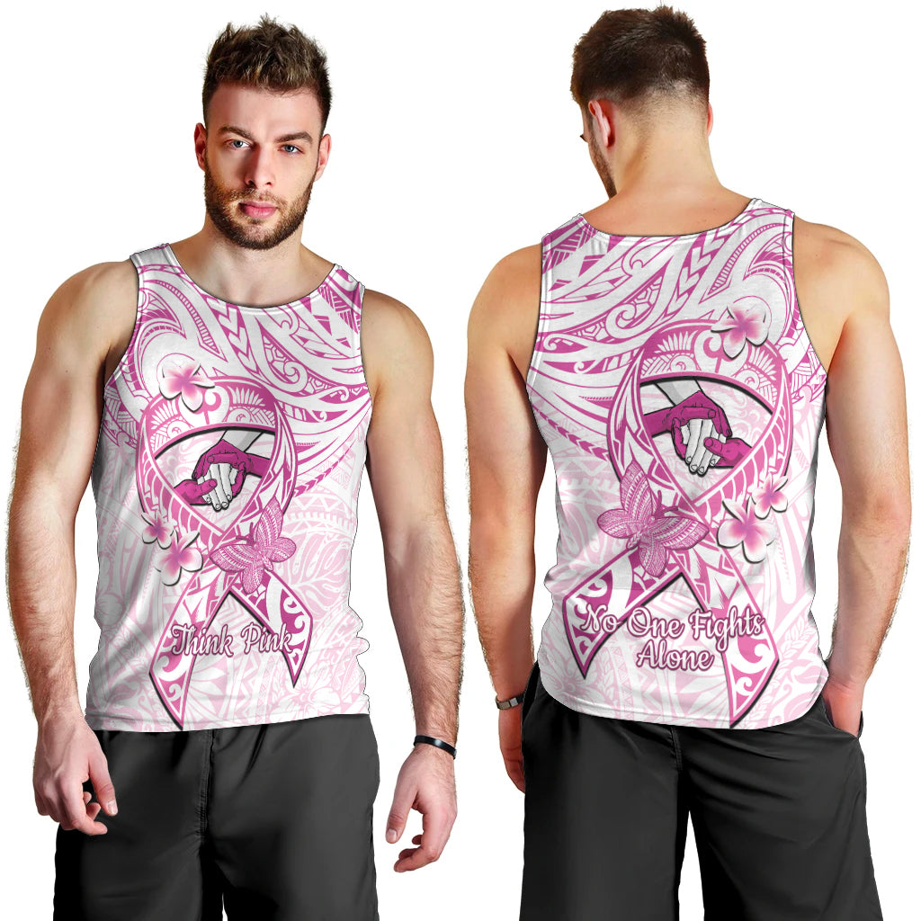 Polynesia Breast Cancer Awareness Men Tank Top Pink Ribbon No One Fights Alone - White