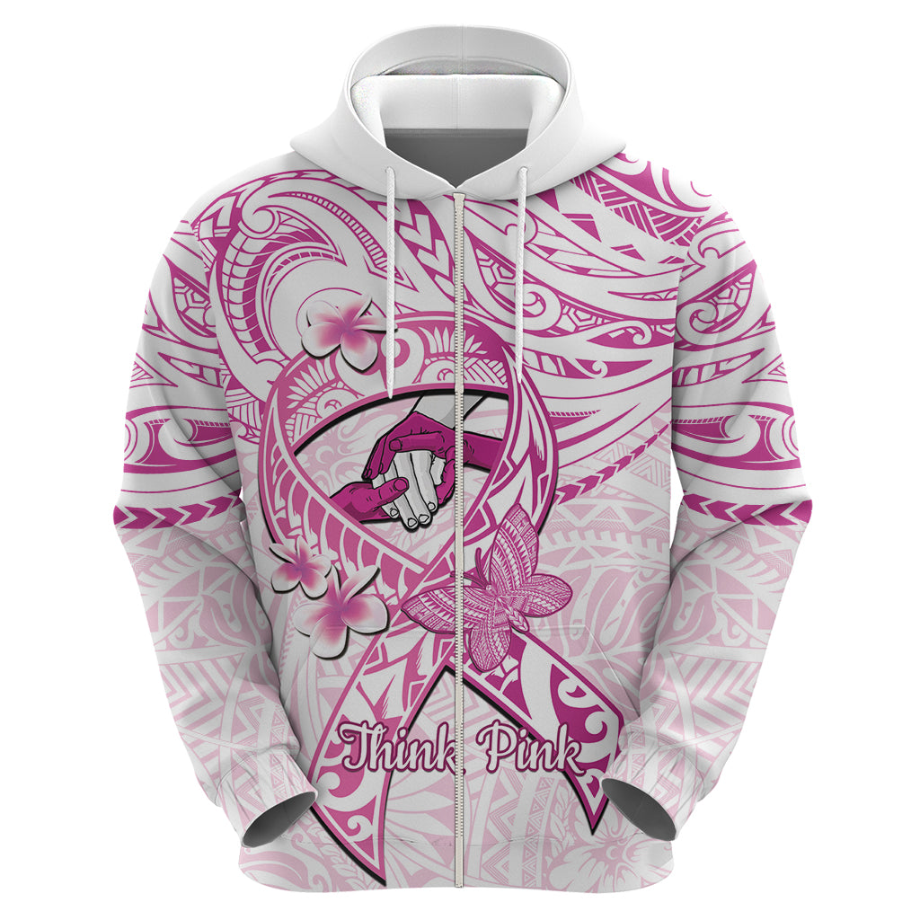 Polynesia Breast Cancer Awareness Zip Hoodie Pink Ribbon No One Fights Alone - White
