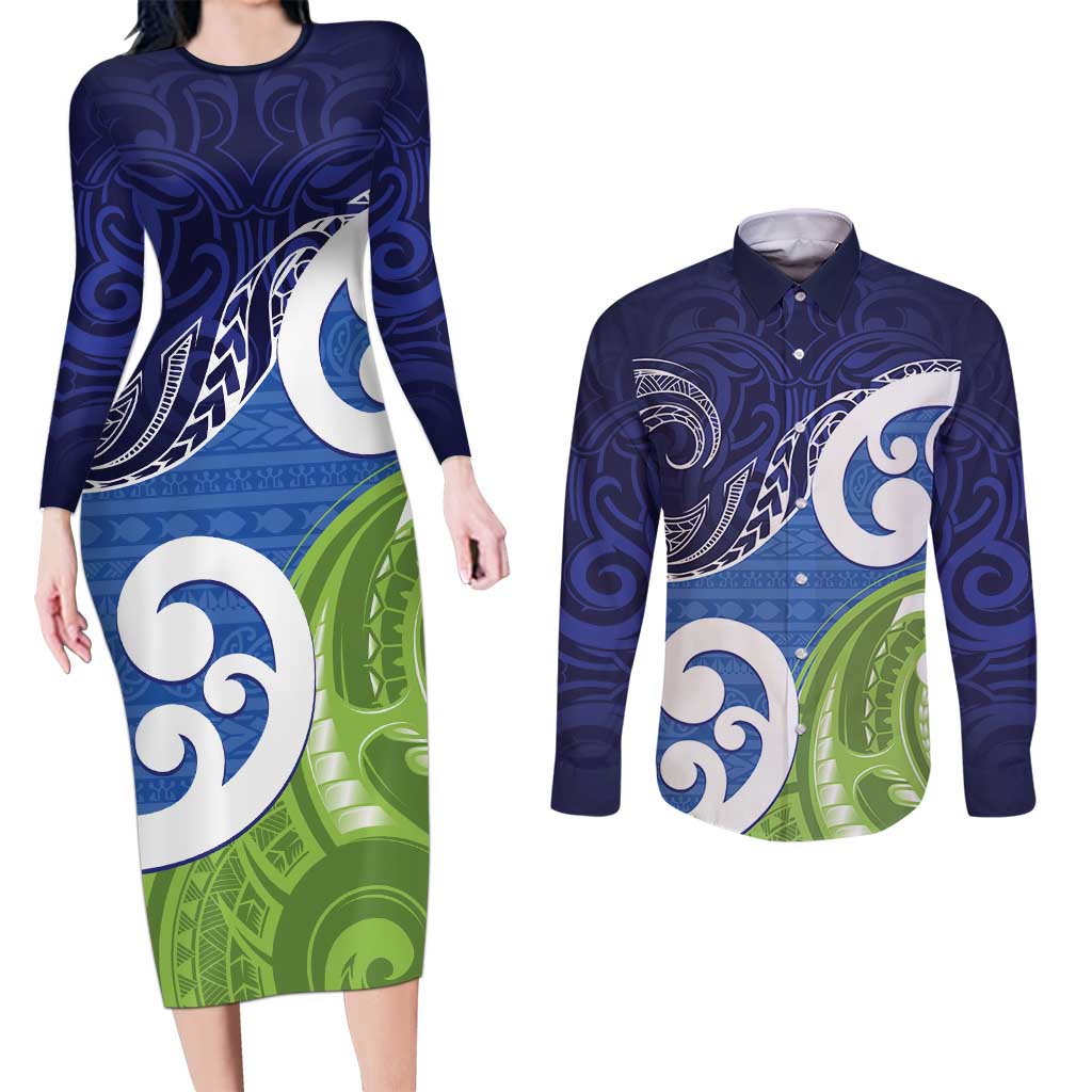 Southland New Zealand Couples Matching Long Sleeve Bodycon Dress and Long Sleeve Button Shirt Maori Koru Flag Color