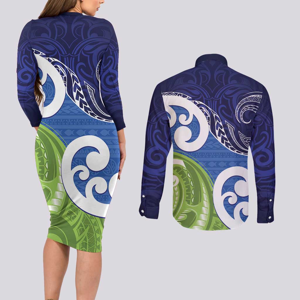 Southland New Zealand Couples Matching Long Sleeve Bodycon Dress and Long Sleeve Button Shirt Maori Koru Flag Color