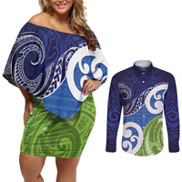 Southland New Zealand Couples Matching Off Shoulder Short Dress and Long Sleeve Button Shirt Maori Koru Flag Color