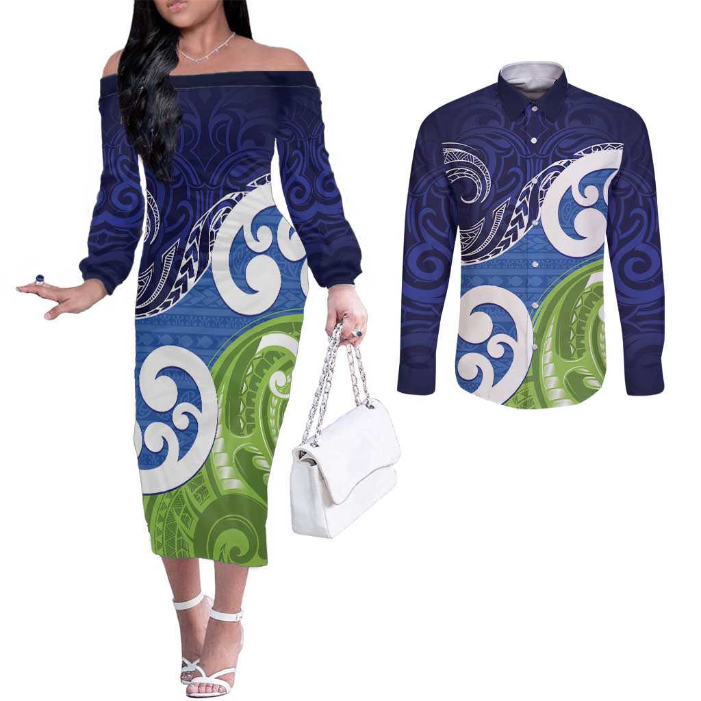 Southland New Zealand Couples Matching Off The Shoulder Long Sleeve Dress and Long Sleeve Button Shirt Maori Koru Flag Color