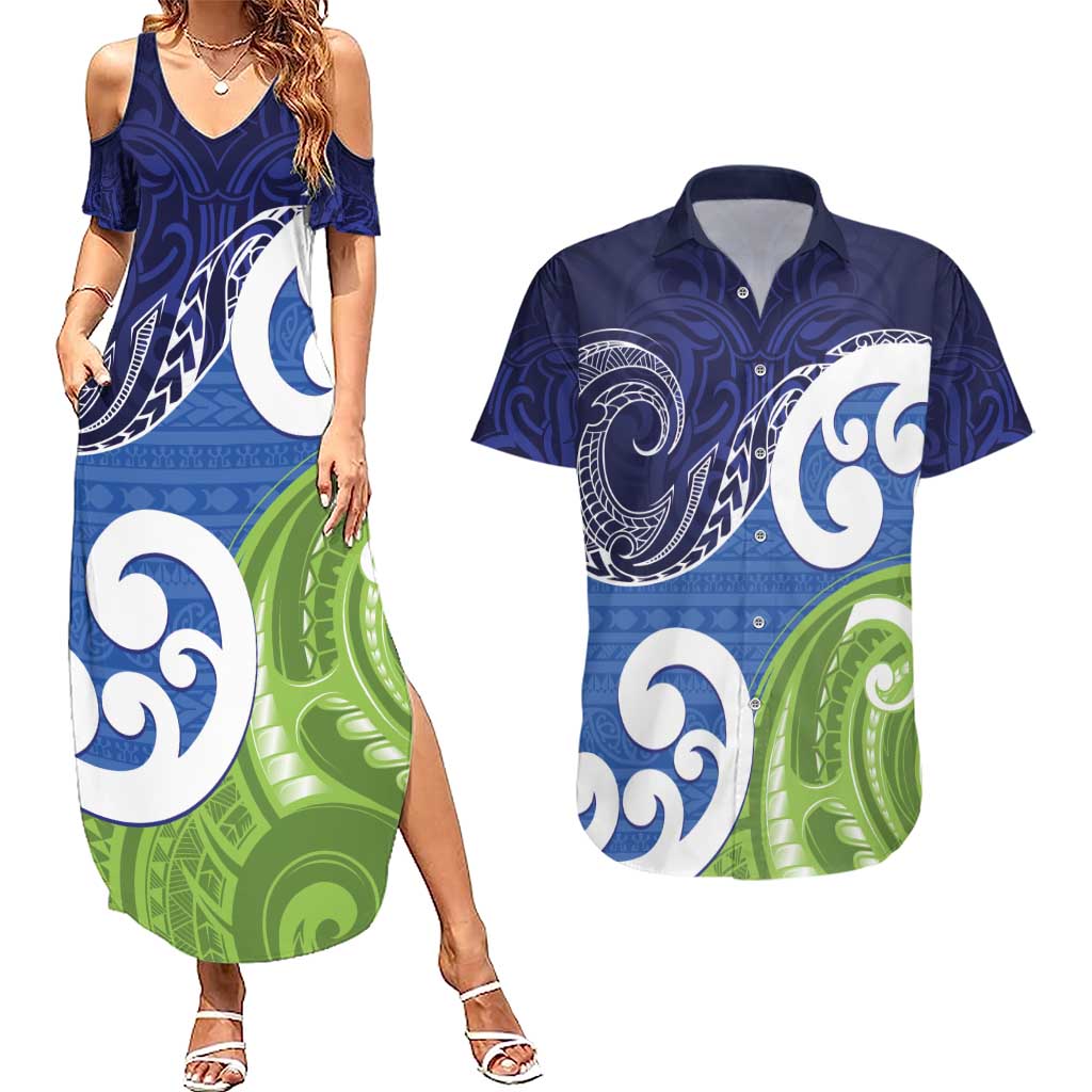 Southland New Zealand Couples Matching Summer Maxi Dress and Hawaiian Shirt Maori Koru Flag Color
