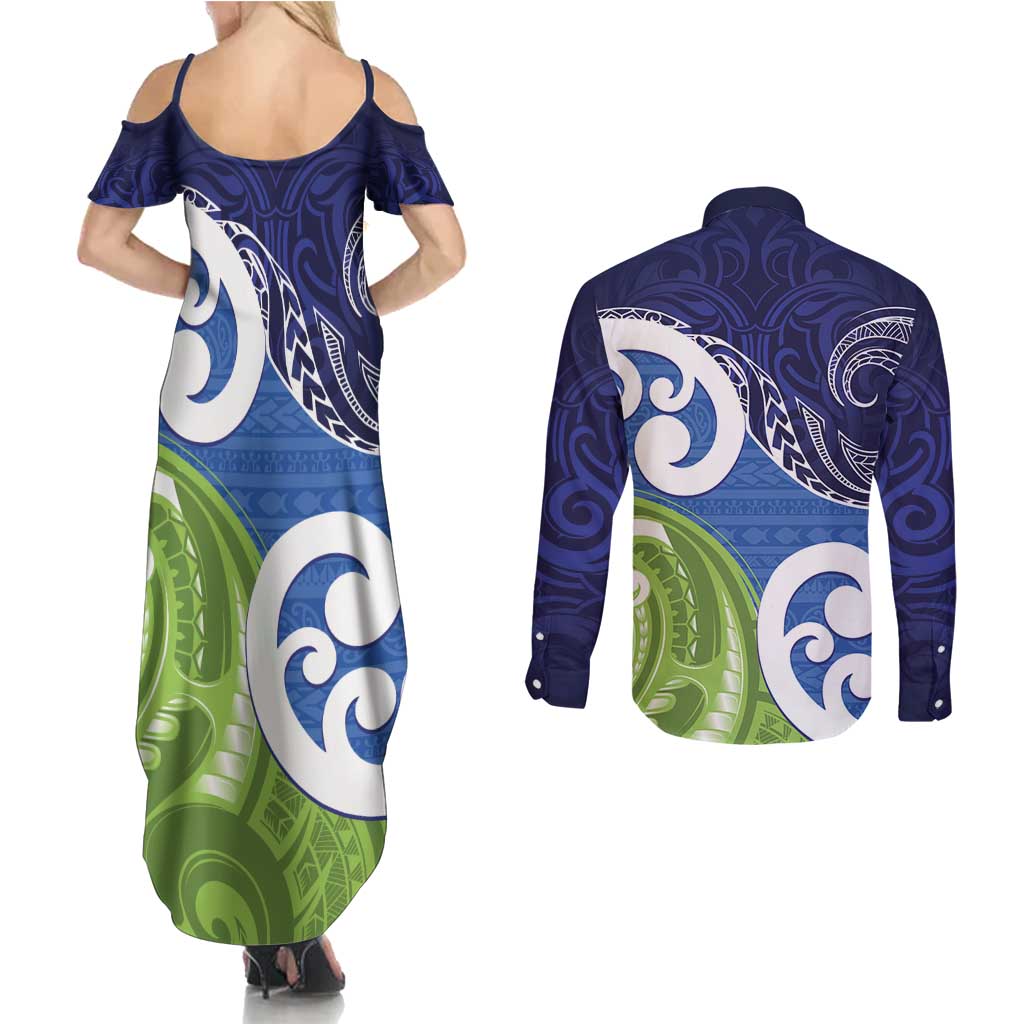 Southland New Zealand Couples Matching Summer Maxi Dress and Long Sleeve Button Shirt Maori Koru Flag Color
