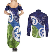 Southland New Zealand Couples Matching Summer Maxi Dress and Long Sleeve Button Shirt Maori Koru Flag Color