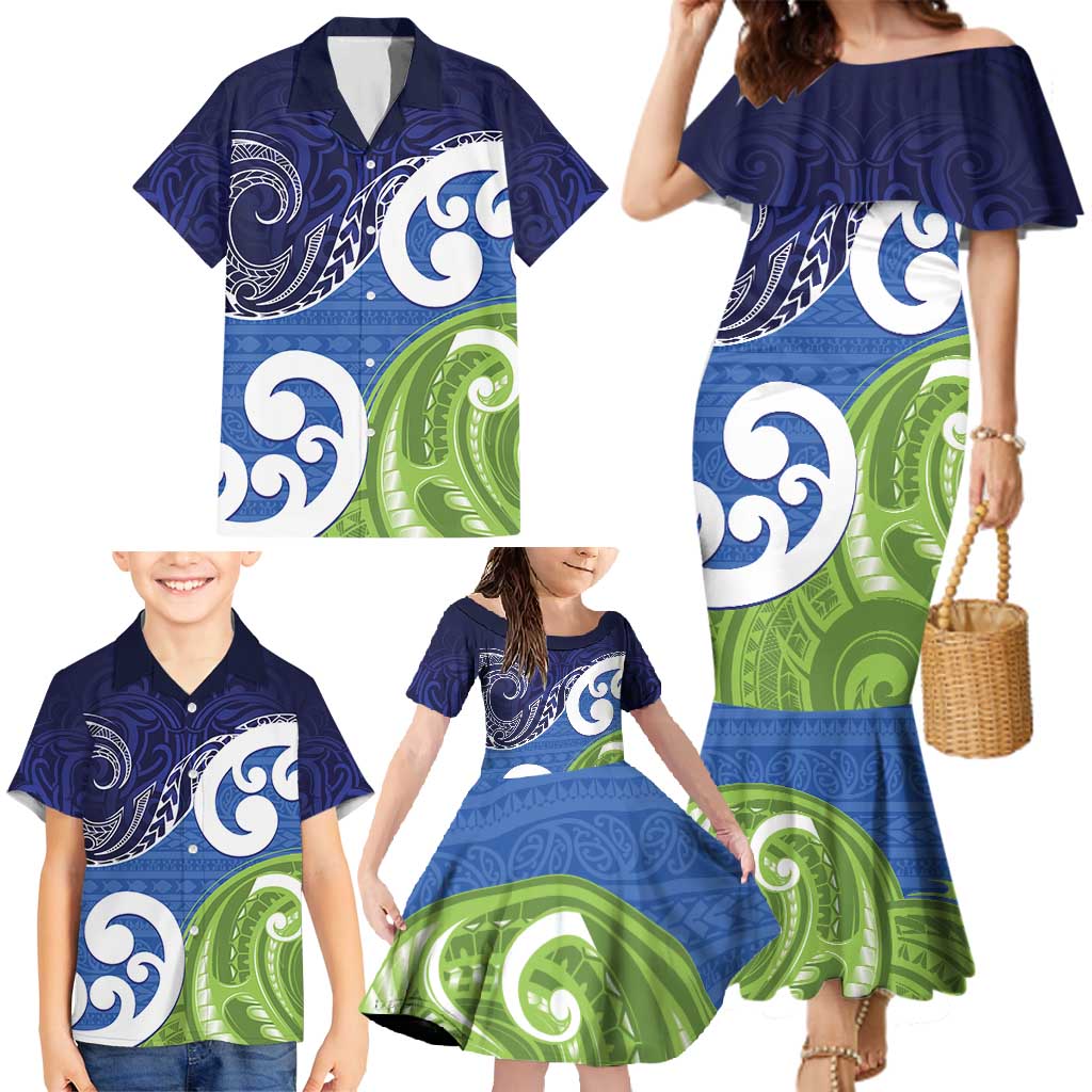 Southland New Zealand Family Matching Mermaid Dress and Hawaiian Shirt Maori Koru Flag Color