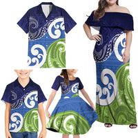 Southland New Zealand Family Matching Off Shoulder Maxi Dress and Hawaiian Shirt Maori Koru Flag Color