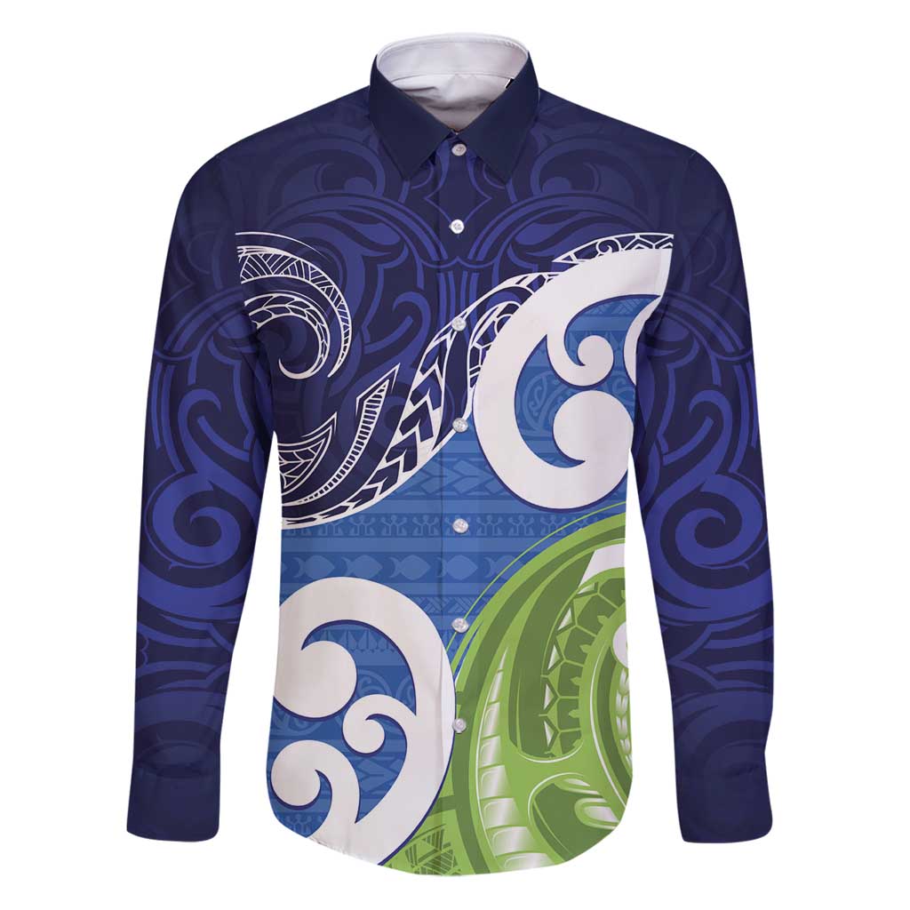 Southland New Zealand Family Matching Puletasi and Hawaiian Shirt Maori Koru Flag Color LT14 Dad's Shirt - Long Sleeve Blue - Polynesian Pride