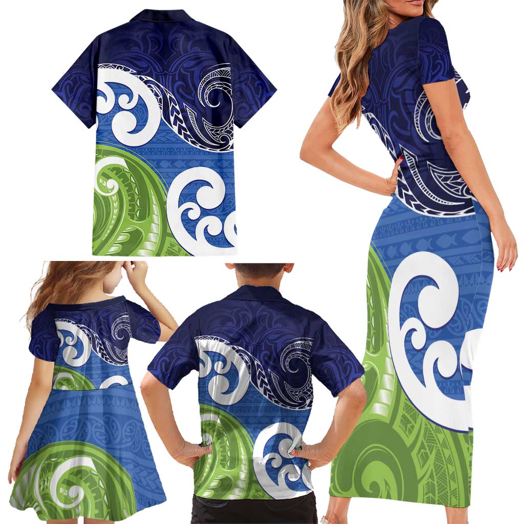 Southland New Zealand Family Matching Short Sleeve Bodycon Dress and Hawaiian Shirt Maori Koru Flag Color