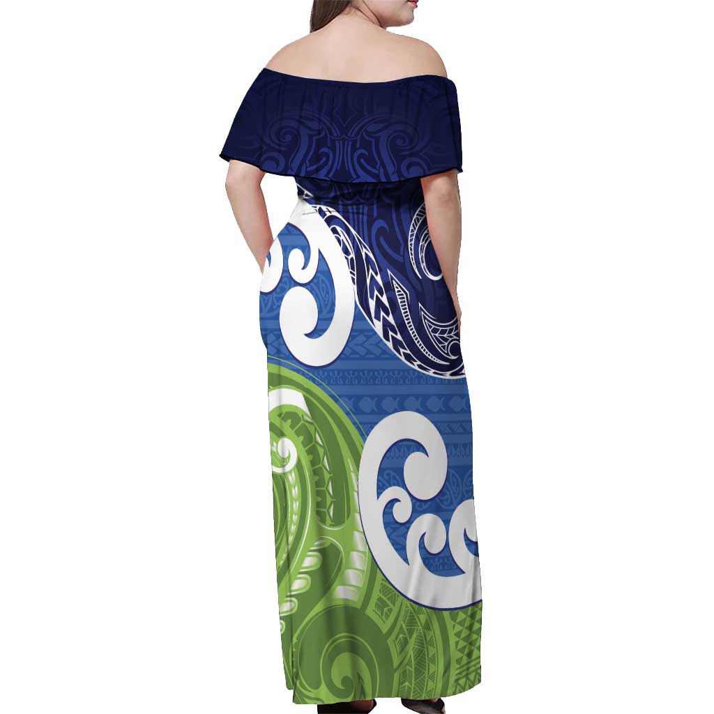 Southland New Zealand Off Shoulder Maxi Dress Maori Koru Flag Color