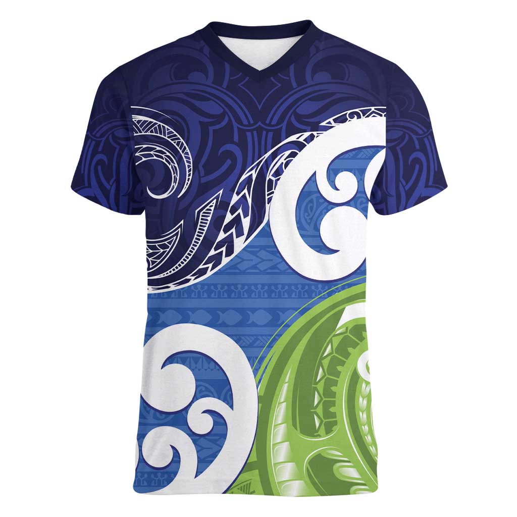 Southland New Zealand Women V-Neck T-Shirt Maori Koru Flag Color