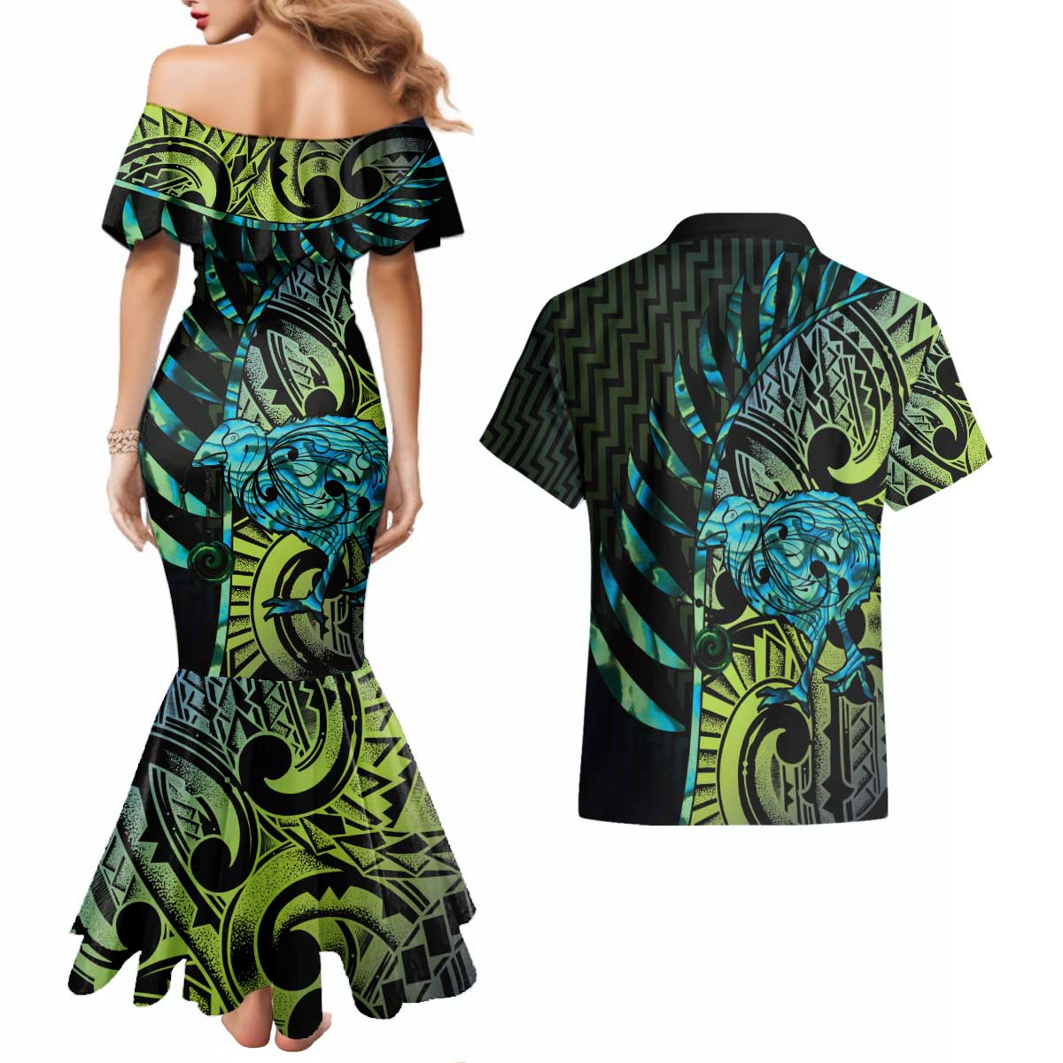 Southland Takehe Pounama Couples Matching Mermaid Dress and Hawaiian Shirt Aotearoa Poutama Paua Shell Fern