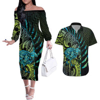 Southland Takehe Pounama Couples Matching Off The Shoulder Long Sleeve Dress and Hawaiian Shirt Aotearoa Poutama Paua Shell Fern