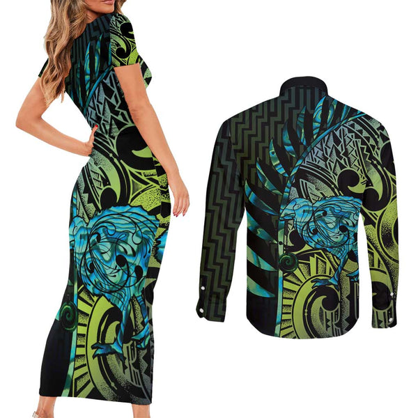 Aotearoa New Zealand Couples Matching Off Shoulder Short Dress and Long Sleeve Button Shirts Paua Shell Fern Koru With Maori Hei Tiki LT05