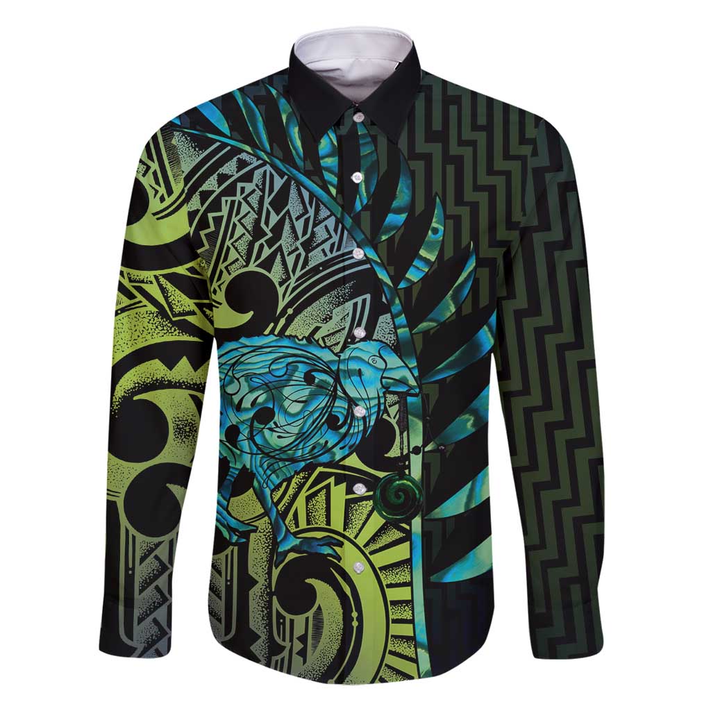 Southland Takehe Pounama Family Matching Long Sleeve Bodycon Dress and Hawaiian Shirt Aotearoa Poutama Paua Shell Fern LT14 Dad's Shirt - Long Sleeve Black - Polynesian Pride