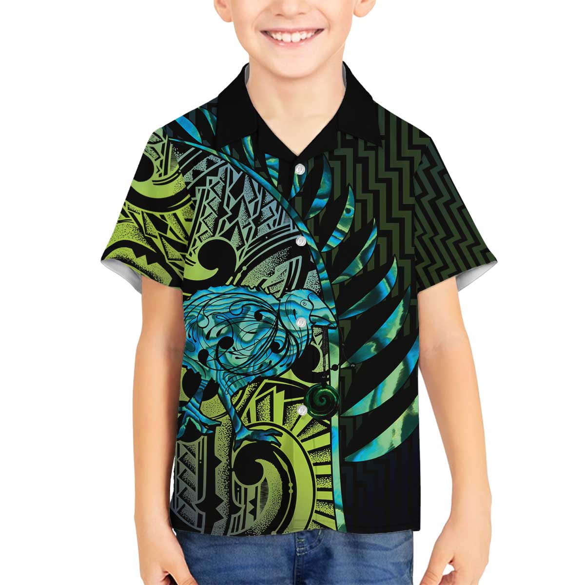 Southland Takehe Pounama Family Matching Off The Shoulder Long Sleeve Dress and Hawaiian Shirt Aotearoa Poutama Paua Shell Fern