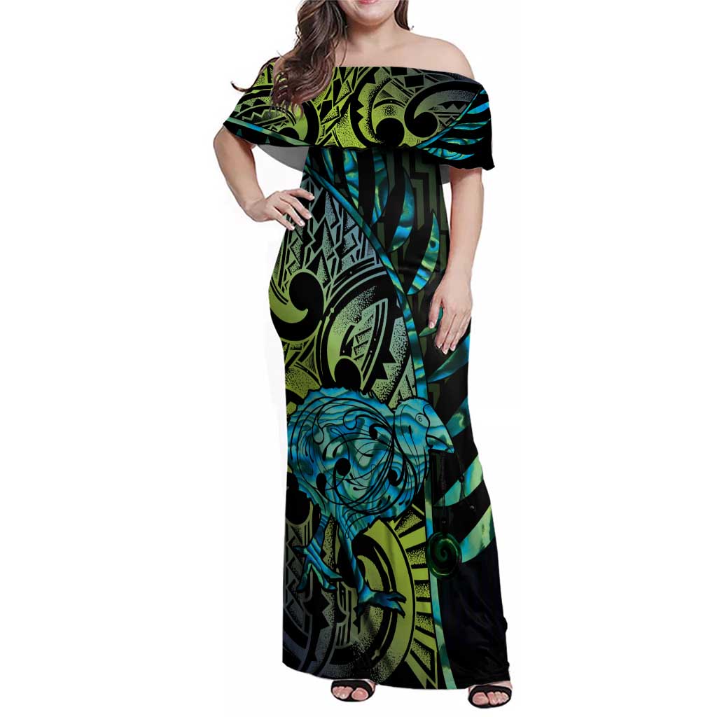 Southland Takehe Pounama Family Matching Off Shoulder Maxi Dress and Hawaiian Shirt Aotearoa Poutama Paua Shell Fern
