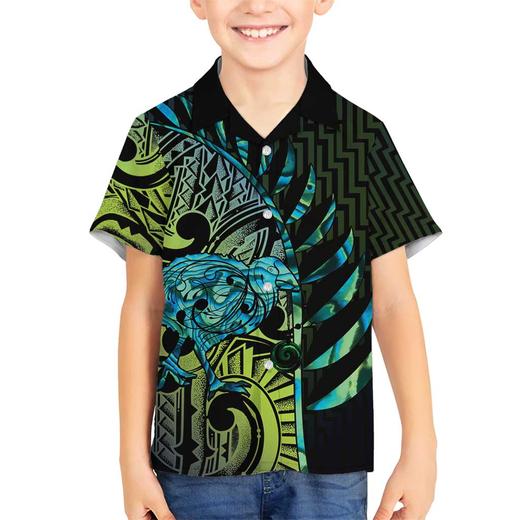 Southland Takehe Pounama Family Matching Off Shoulder Short Dress and Hawaiian Shirt Aotearoa Poutama Paua Shell Fern