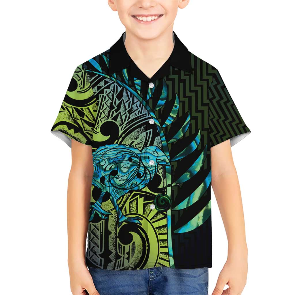 Southland Takehe Pounama Kid Hawaiian Shirt Aotearoa Poutama Paua Shell Fern LT14 Kid Black - Polynesian Pride