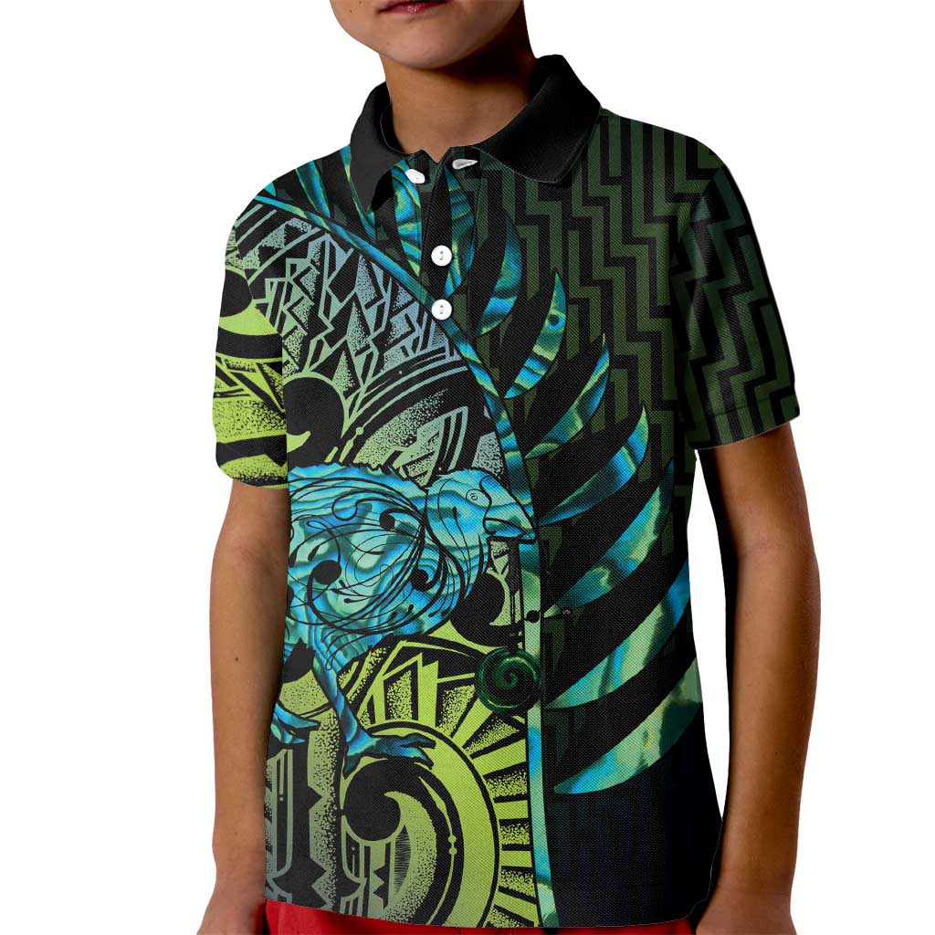 Southland Takehe Pounama Kid Polo Shirt Aotearoa Poutama Paua Shell Fern LT14 Kid Black - Polynesian Pride