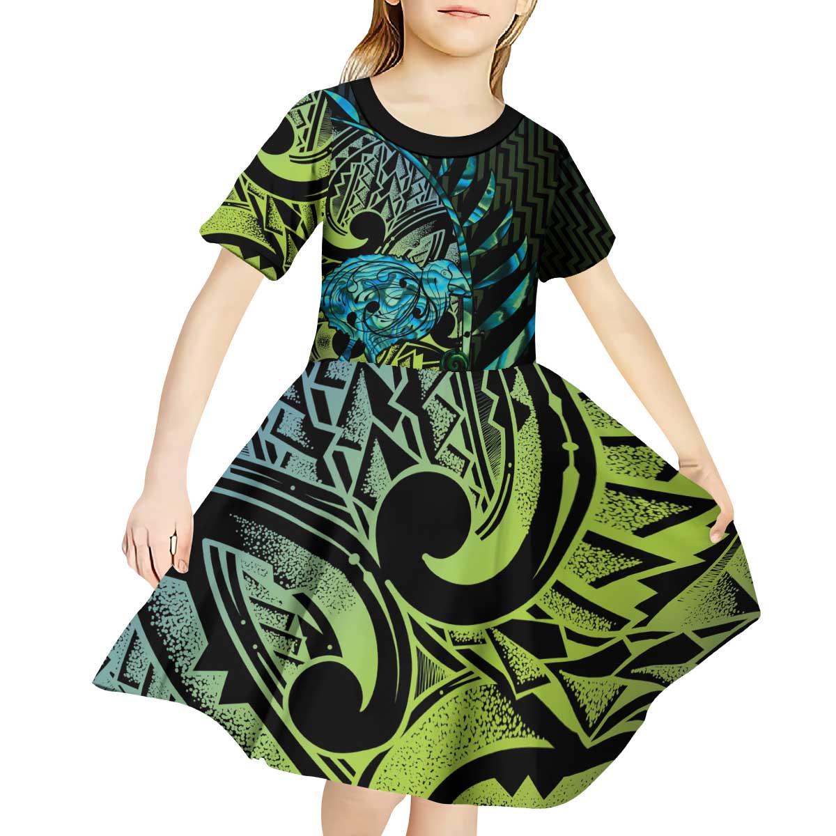 Southland Takehe Pounama Kid Short Sleeve Dress Aotearoa Poutama Paua Shell Fern
