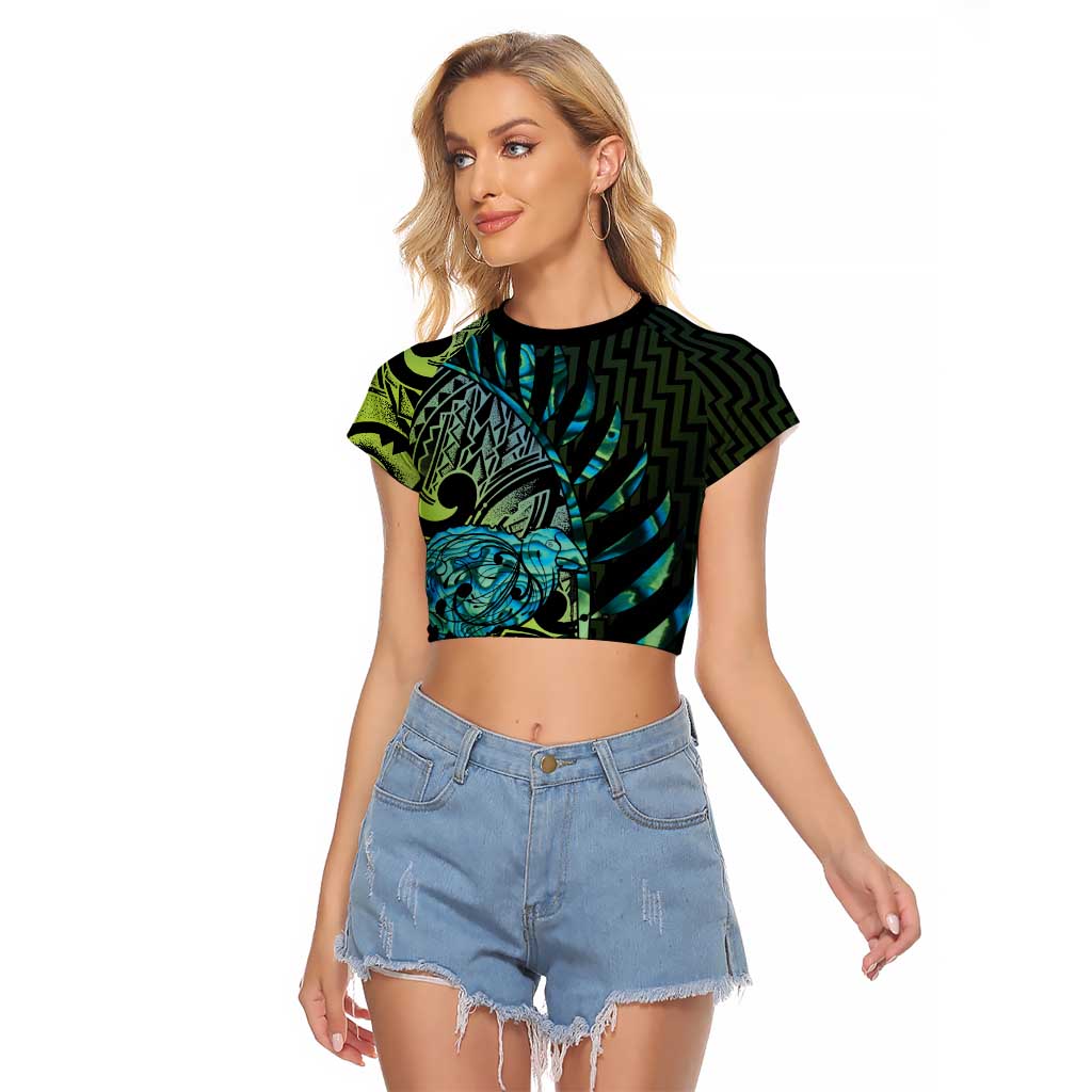 Southland Takehe Pounama Raglan Cropped T Shirt Aotearoa Poutama Paua Shell Fern LT14 Female Black - Polynesian Pride