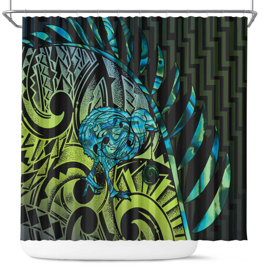 Southland Takehe Pounama Shower Curtain Aotearoa Poutama Paua Shell Fern LT14 Black - Polynesian Pride