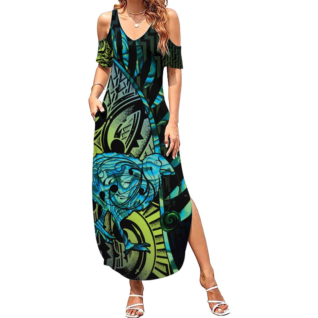 Southland Takehe Pounama Summer Maxi Dress Aotearoa Poutama Paua Shell Fern