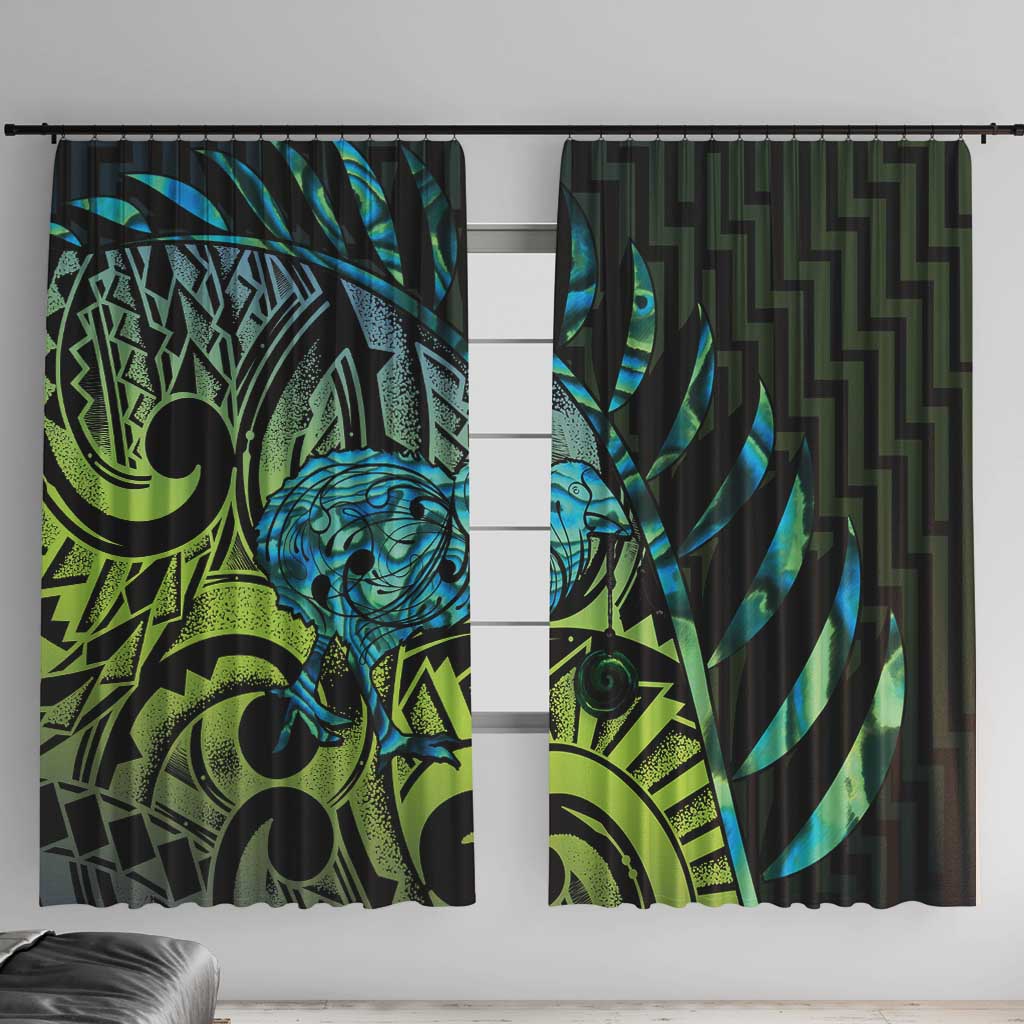 Southland Takehe Pounama Window Curtain Aotearoa Poutama Paua Shell Fern LT14 With Hooks Black - Polynesian Pride