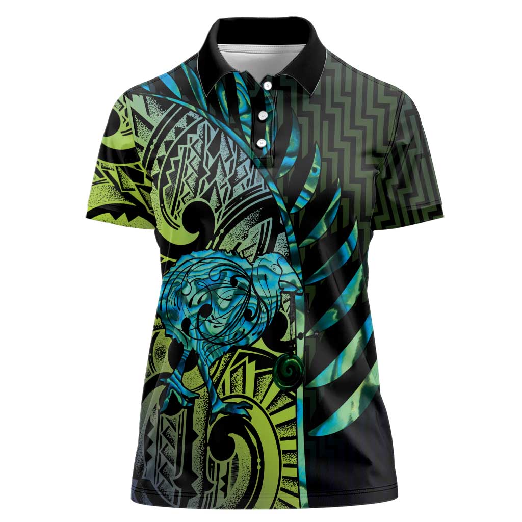 Southland Takehe Pounama Women Polo Shirt Aotearoa Poutama Paua Shell Fern