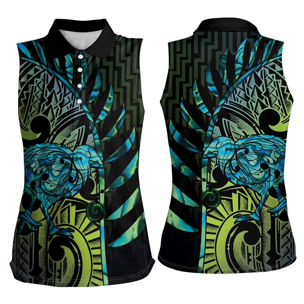 Southland Takehe Pounama Women Sleeveless Polo Shirt Aotearoa Poutama Paua Shell Fern