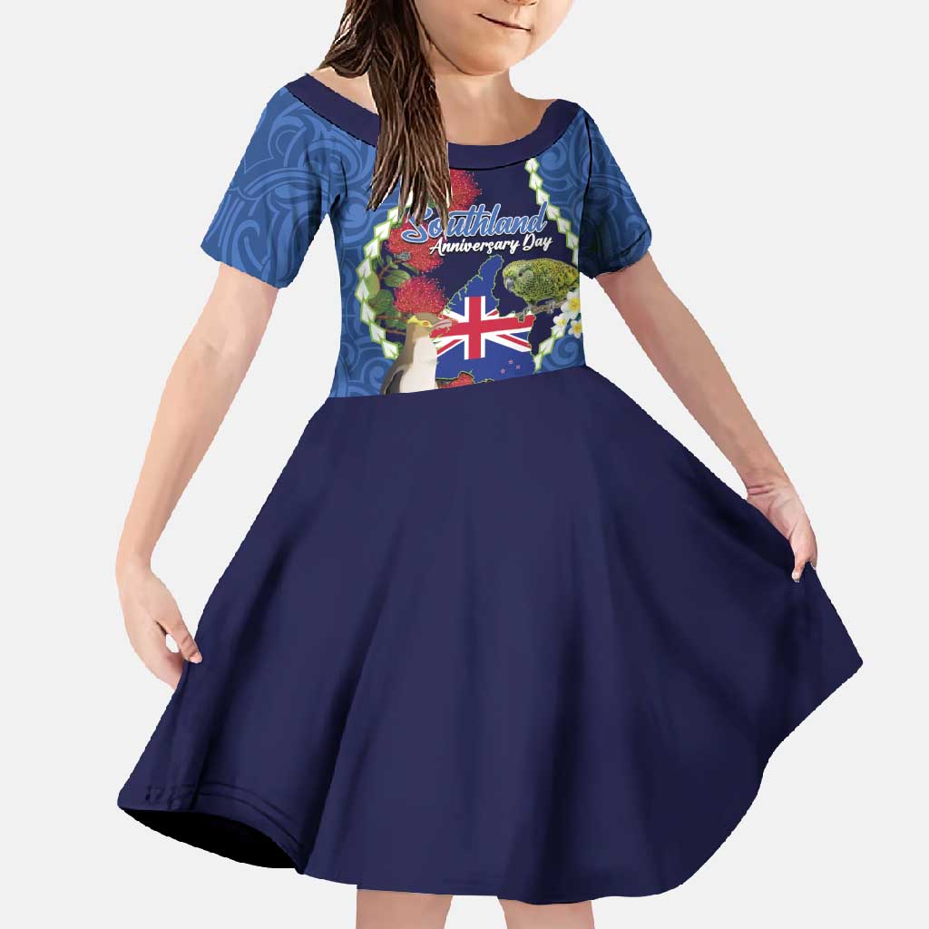 Southland Anniversary Day Family Matching Short Sleeve Bodycon Dress and Hawaiian Shirt Murihiku 1861 Maori Bird Mix Pohutukawa LT14 Daughter's Dress Blue - Polynesian Pride