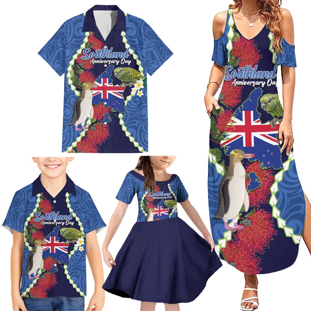 Southland Anniversary Day Family Matching Summer Maxi Dress and Hawaiian Shirt Murihiku 1861 Maori Bird Mix Pohutukawa