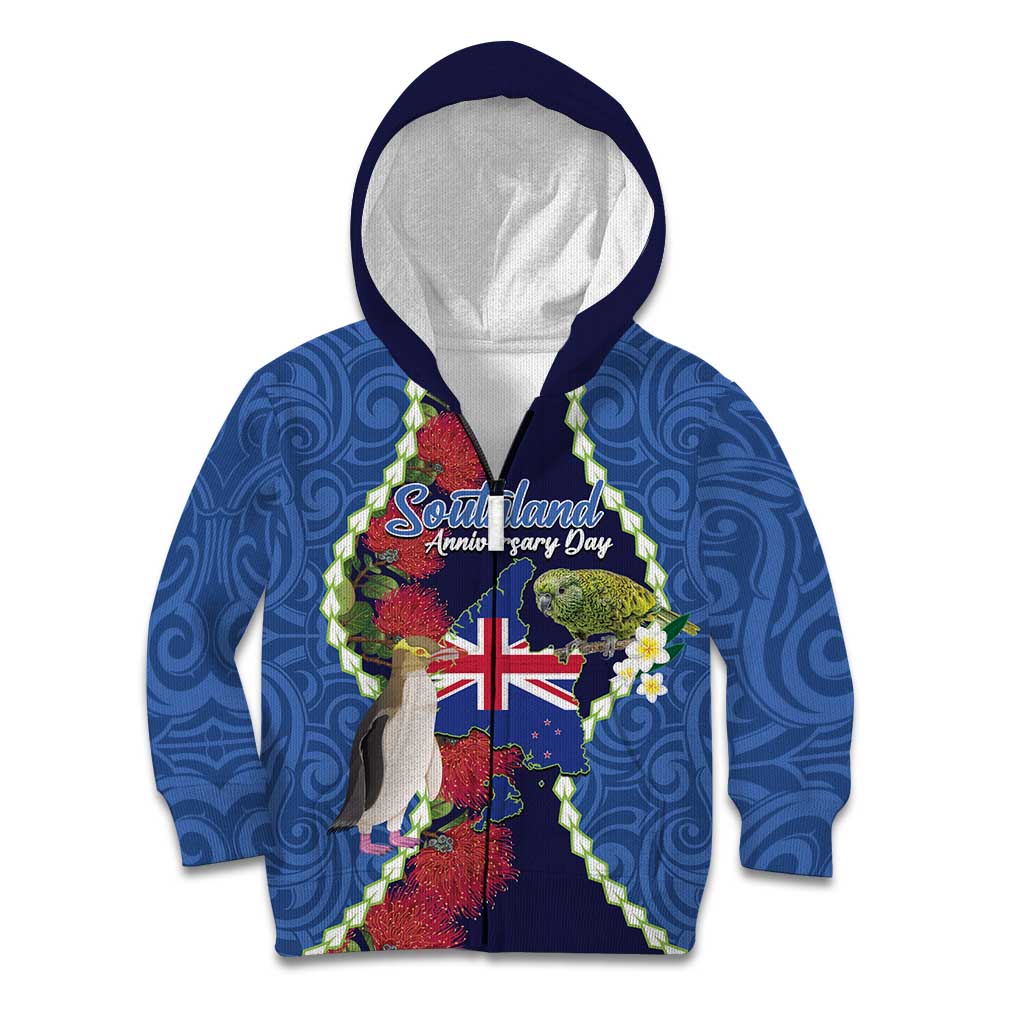Southland Anniversary Day Kid Hoodie Murihiku 1861 Maori Bird Mix Pohutukawa