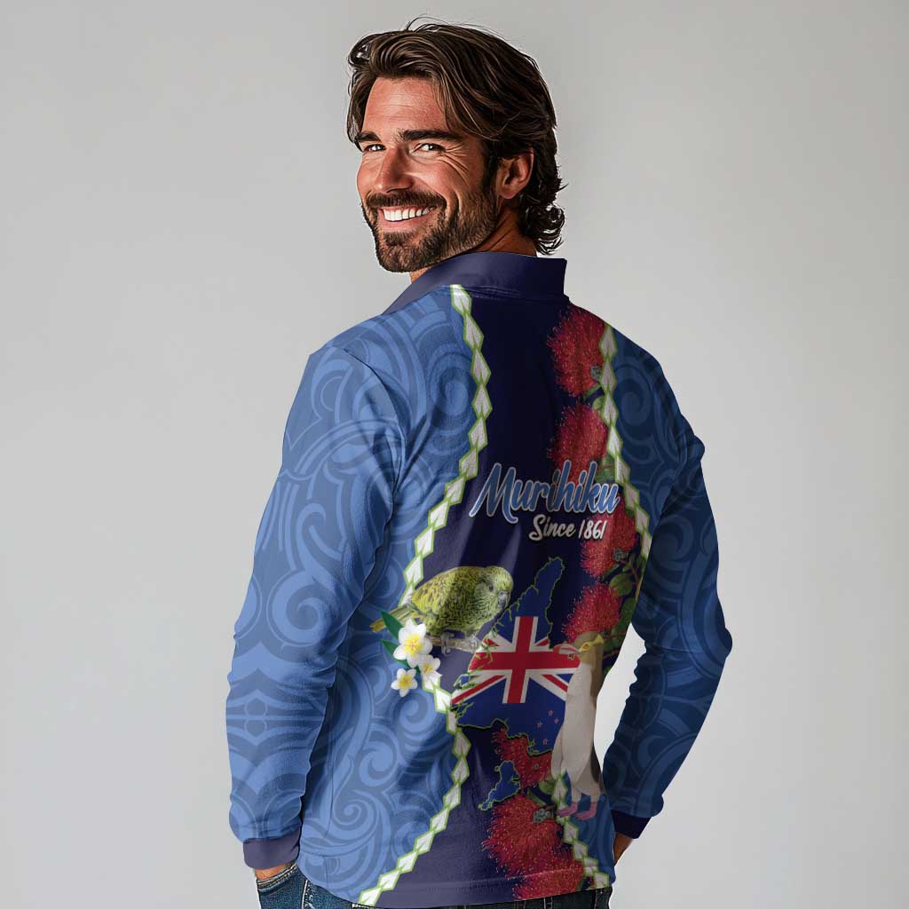 Southland Anniversary Day Long Sleeve Polo Shirt Murihiku 1861 Maori Bird Mix Pohutukawa