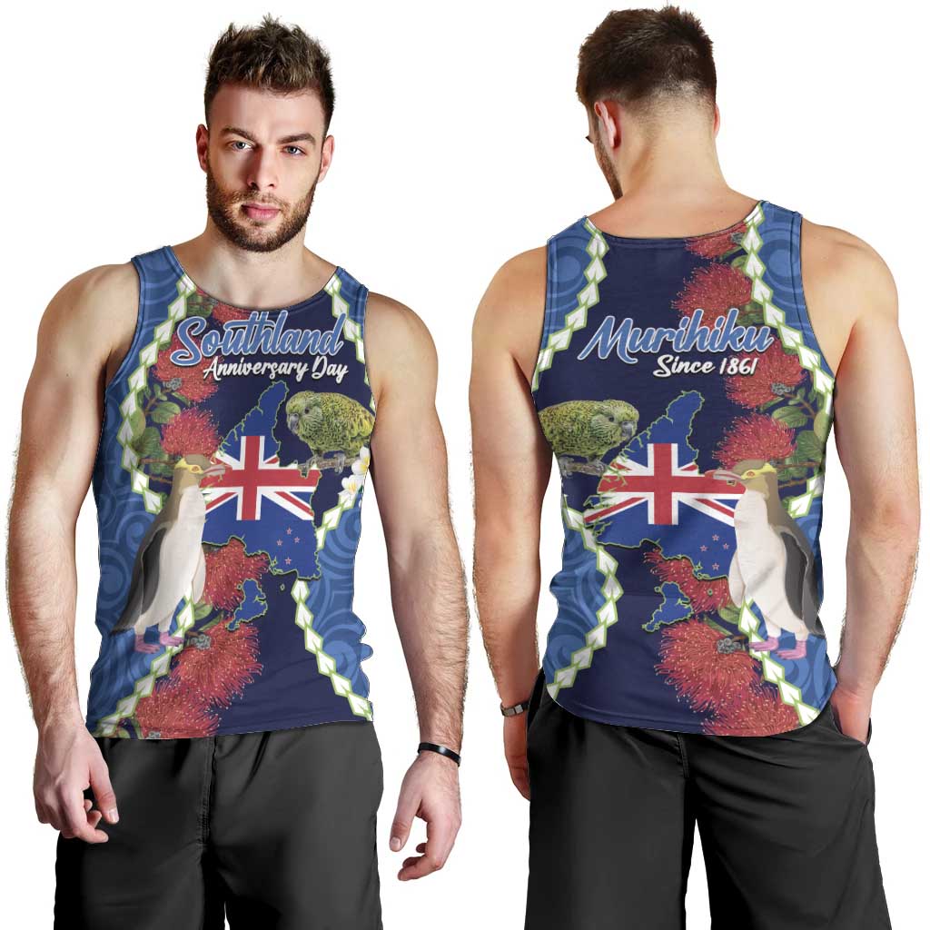 Southland Anniversary Day Men Tank Top Murihiku 1861 Maori Bird Mix Pohutukawa