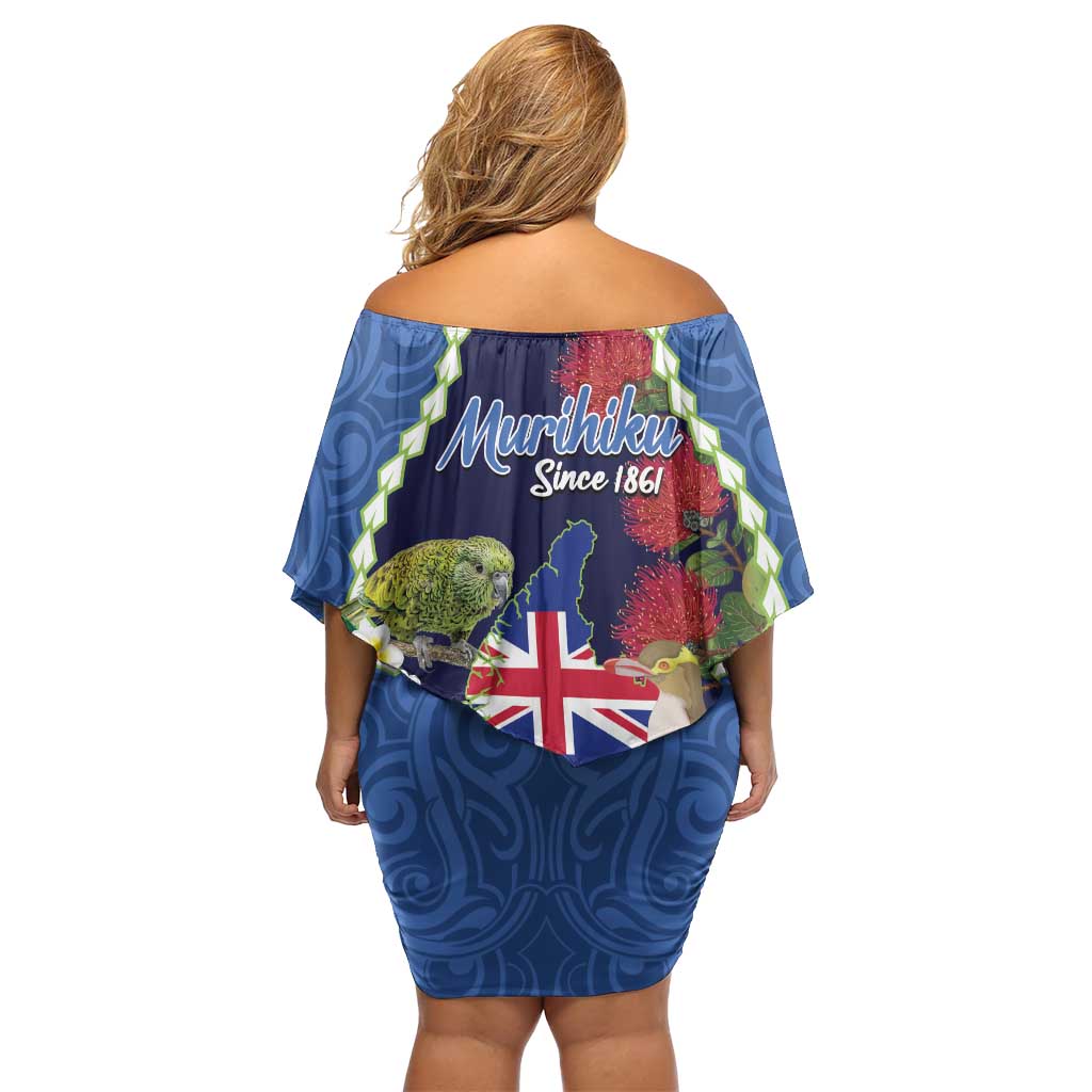 Southland Anniversary Day Off Shoulder Short Dress Murihiku 1861 Maori Bird Mix Pohutukawa
