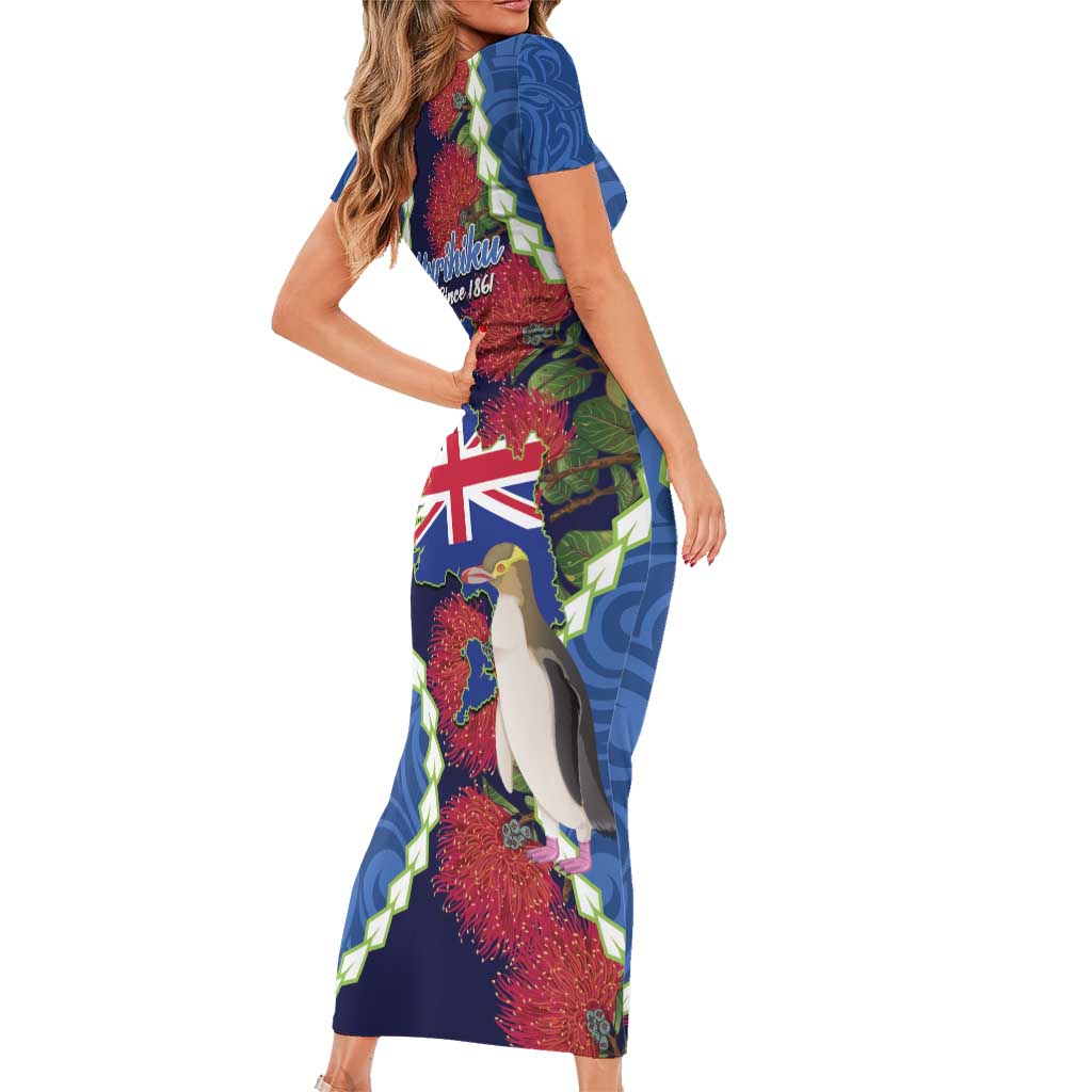 Southland Anniversary Day Short Sleeve Bodycon Dress Murihiku 1861 Maori Bird Mix Pohutukawa
