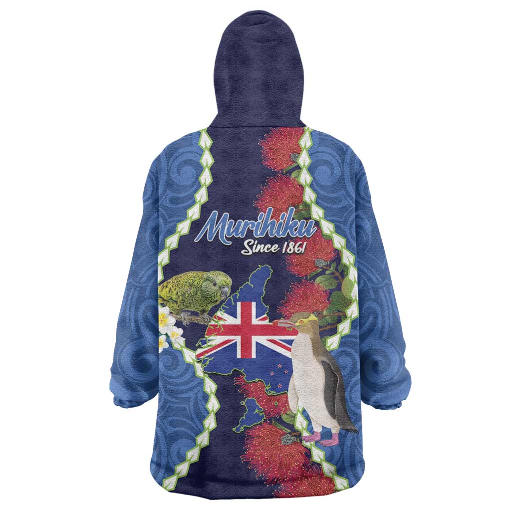 Southland Anniversary Day Wearable Blanket Hoodie Murihiku 1861 Maori Bird Mix Pohutukawa