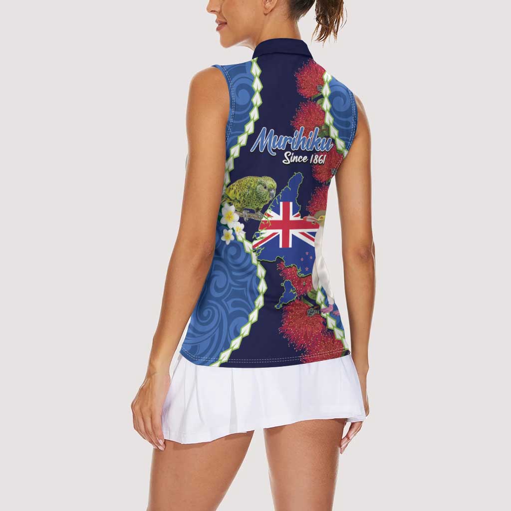 Southland Anniversary Day Women Sleeveless Polo Shirt Murihiku 1861 Maori Bird Mix Pohutukawa