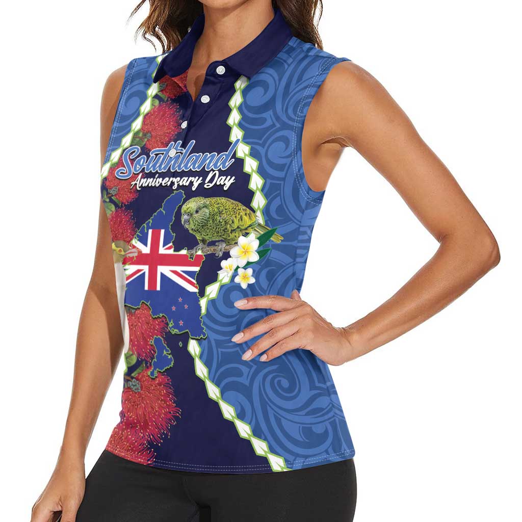 Southland Anniversary Day Women Sleeveless Polo Shirt Murihiku 1861 Maori Bird Mix Pohutukawa