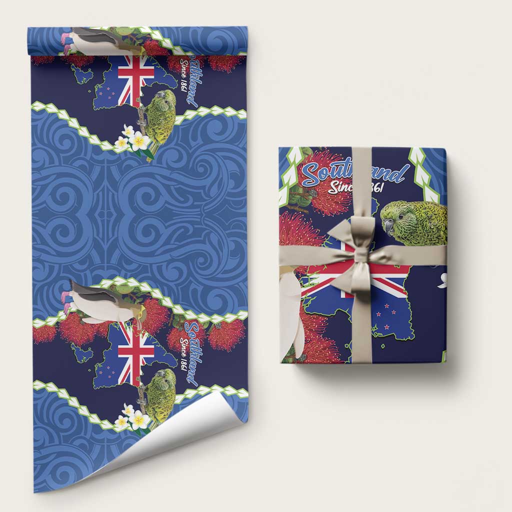 Southland Anniversary Day Wrapping Paper Murihiku 1861 Maori Bird Mix Pohutukawa LT14 58" × 23" Blue - Polynesian Pride