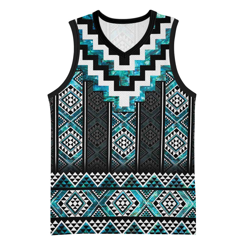 Paua Shell Taniko Pattern Aotearoa Basketball Jersey Niho Taniwha Mix Poutama LT14 Unisex Turquoise - Polynesian Pride