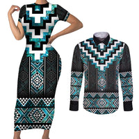 Paua Shell Taniko Pattern Aotearoa Couples Matching Short Sleeve Bodycon Dress and Long Sleeve Button Shirt Niho Taniwha Mix Poutama LT14 Turquoise - Polynesian Pride
