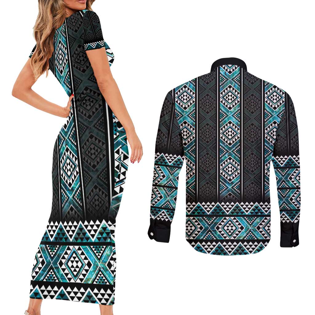Paua Shell Taniko Pattern Aotearoa Couples Matching Short Sleeve Bodycon Dress and Long Sleeve Button Shirt Niho Taniwha Mix Poutama LT14 - Polynesian Pride