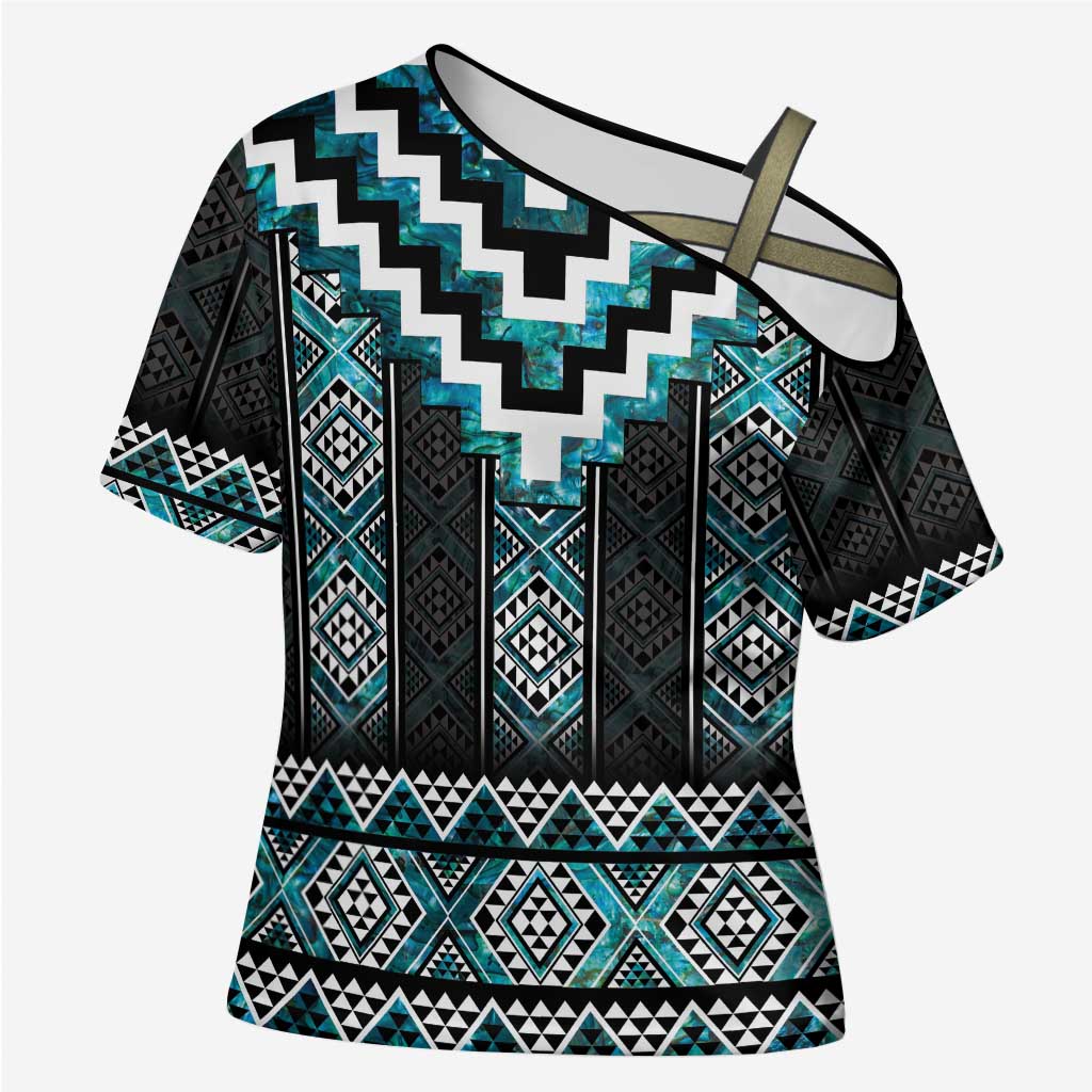 Paua Shell Taniko Pattern Aotearoa Cross Shoulder Shirt Niho Taniwha Mix Poutama LT14 Female Turquoise - Polynesian Pride
