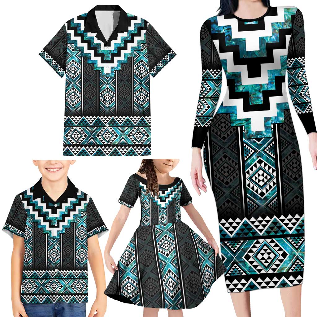 Paua Shell Taniko Pattern Aotearoa Family Matching Long Sleeve Bodycon Dress and Hawaiian Shirt Niho Taniwha Mix Poutama