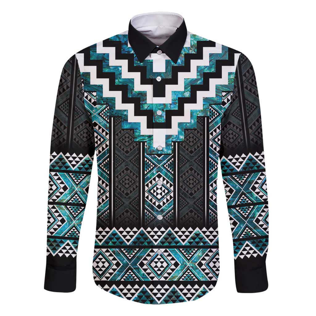 Paua Shell Taniko Pattern Aotearoa Family Matching Mermaid Dress and Hawaiian Shirt Niho Taniwha Mix Poutama LT14 Dad's Shirt - Long Sleeve Turquoise - Polynesian Pride