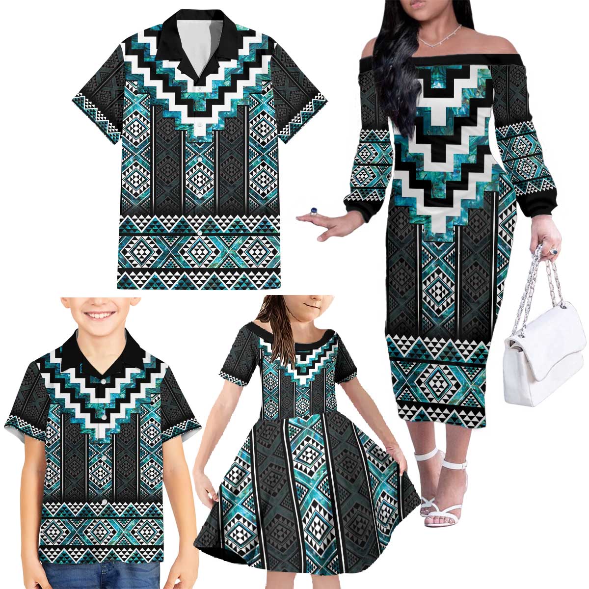 Paua Shell Taniko Pattern Aotearoa Family Matching Off The Shoulder Long Sleeve Dress and Hawaiian Shirt Niho Taniwha Mix Poutama