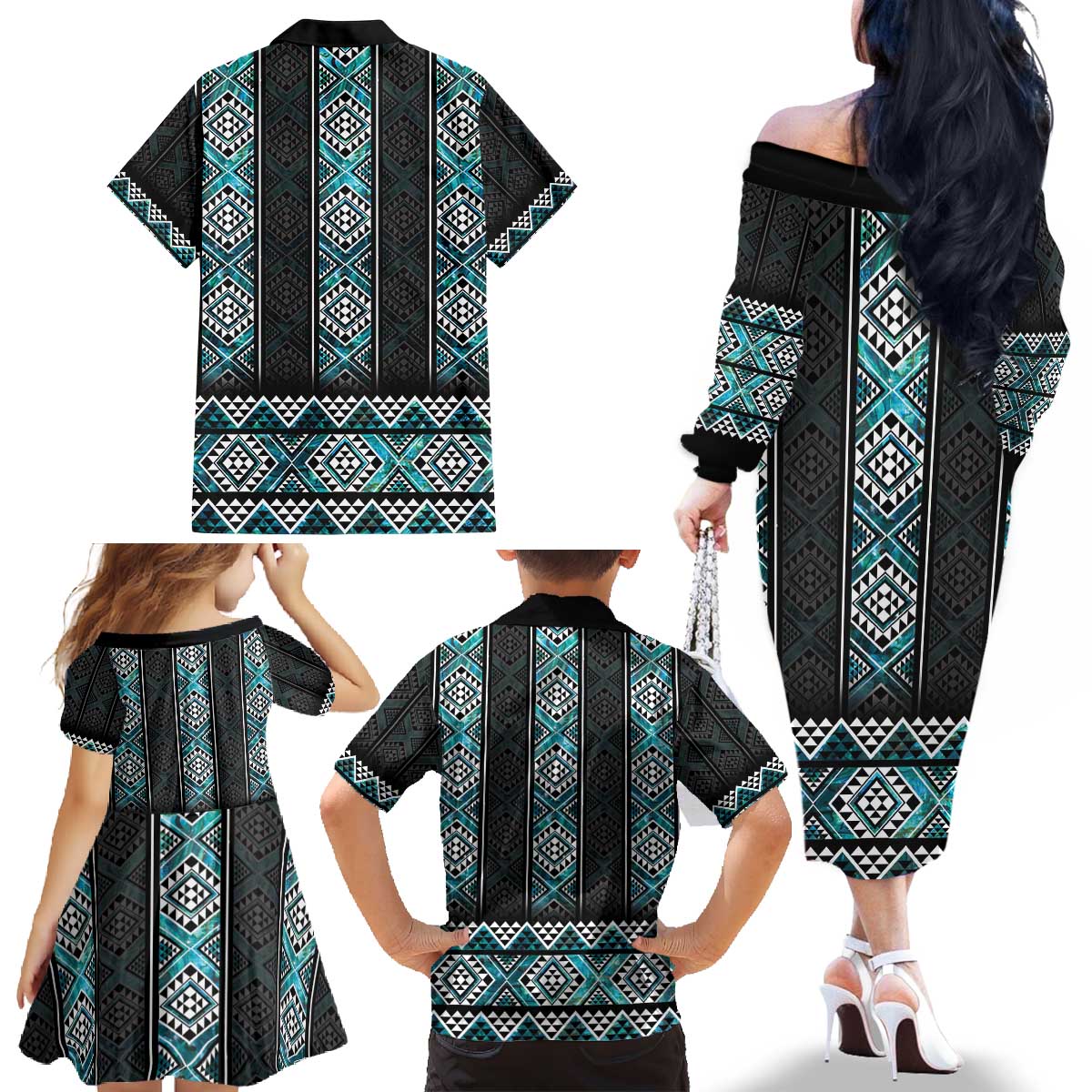 Paua Shell Taniko Pattern Aotearoa Family Matching Off The Shoulder Long Sleeve Dress and Hawaiian Shirt Niho Taniwha Mix Poutama